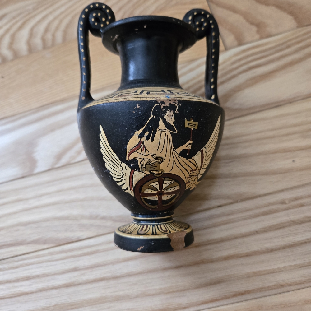 Small Antique Black and Gold Vase Handpainted In Greece